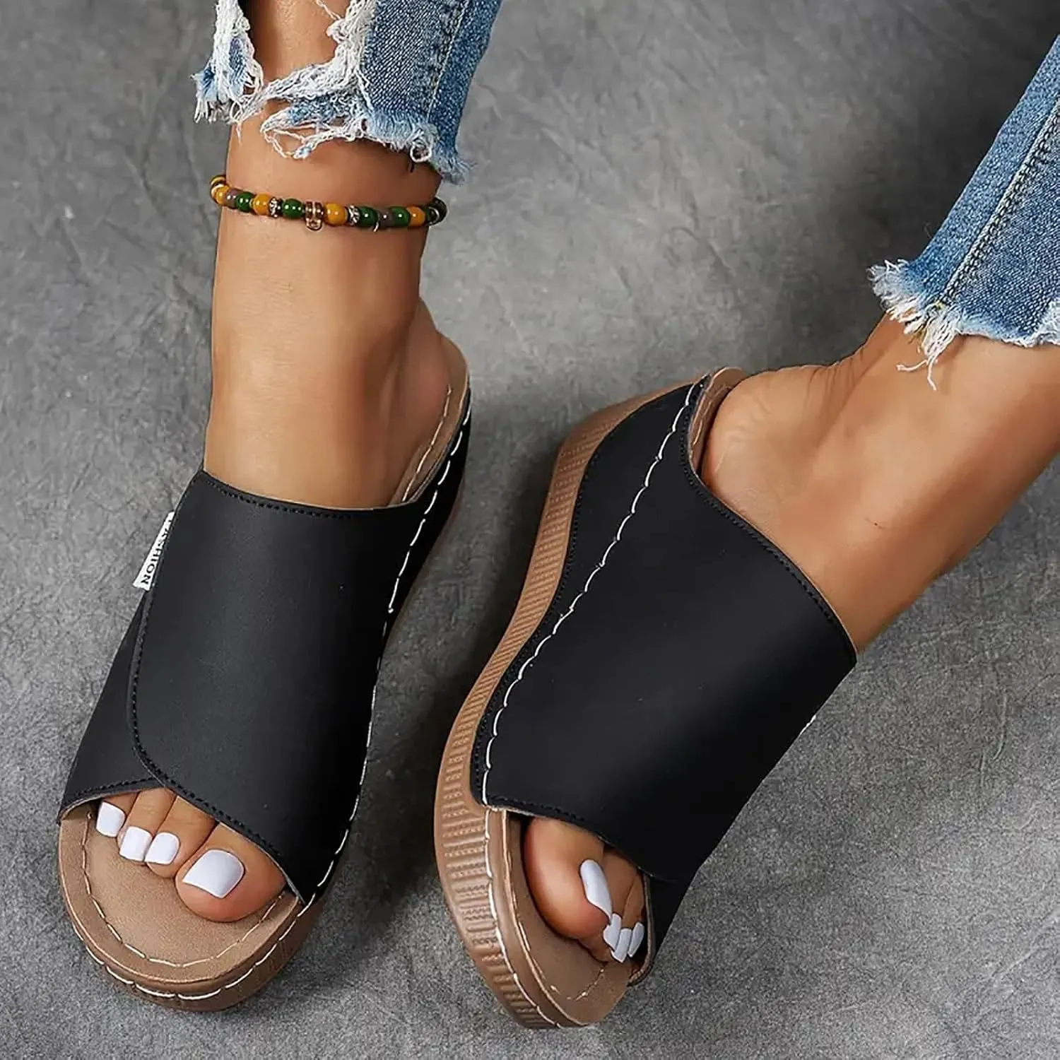 Orthopedic Wedge Sandals for Women, Orthopedic Arch Support Slide Flat Slip on Wide Width Leather Platform Wedge Slides Heels Sandals Diabetic Walking Summer Shoes