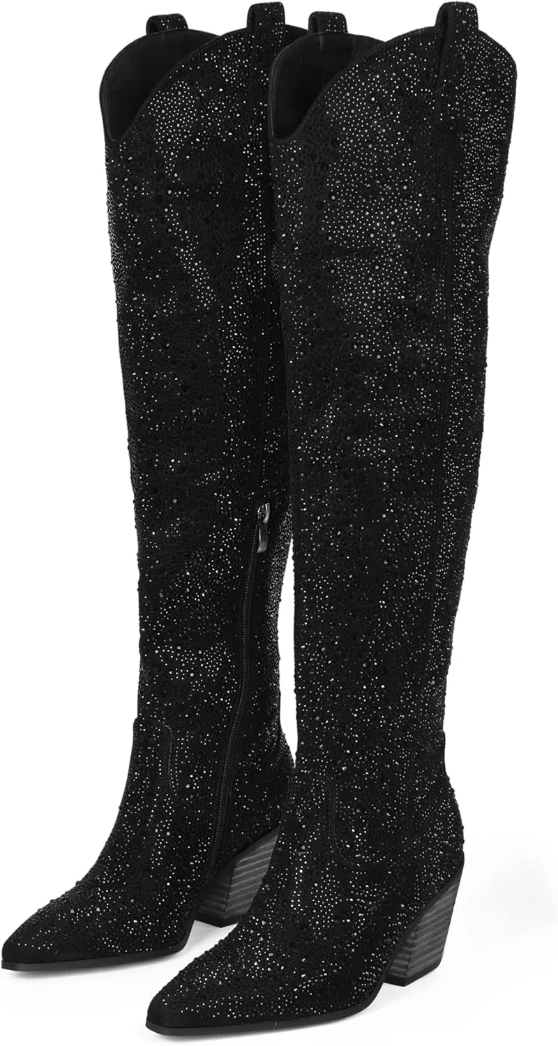 Ouepiano Women's Cowgirl Ankle Boots Western Rhinestones Pointed Toe Low Chunky Heel Pull On Short Cowboy Boots for Women,Girl,Party