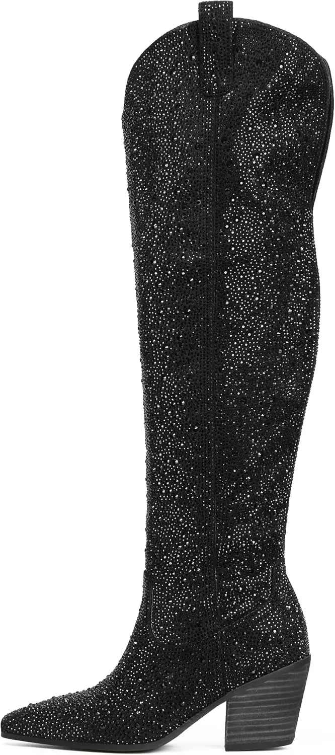 Ouepiano Women's Cowgirl Ankle Boots Western Rhinestones Pointed Toe Low Chunky Heel Pull On Short Cowboy Boots for Women,Girl,Party