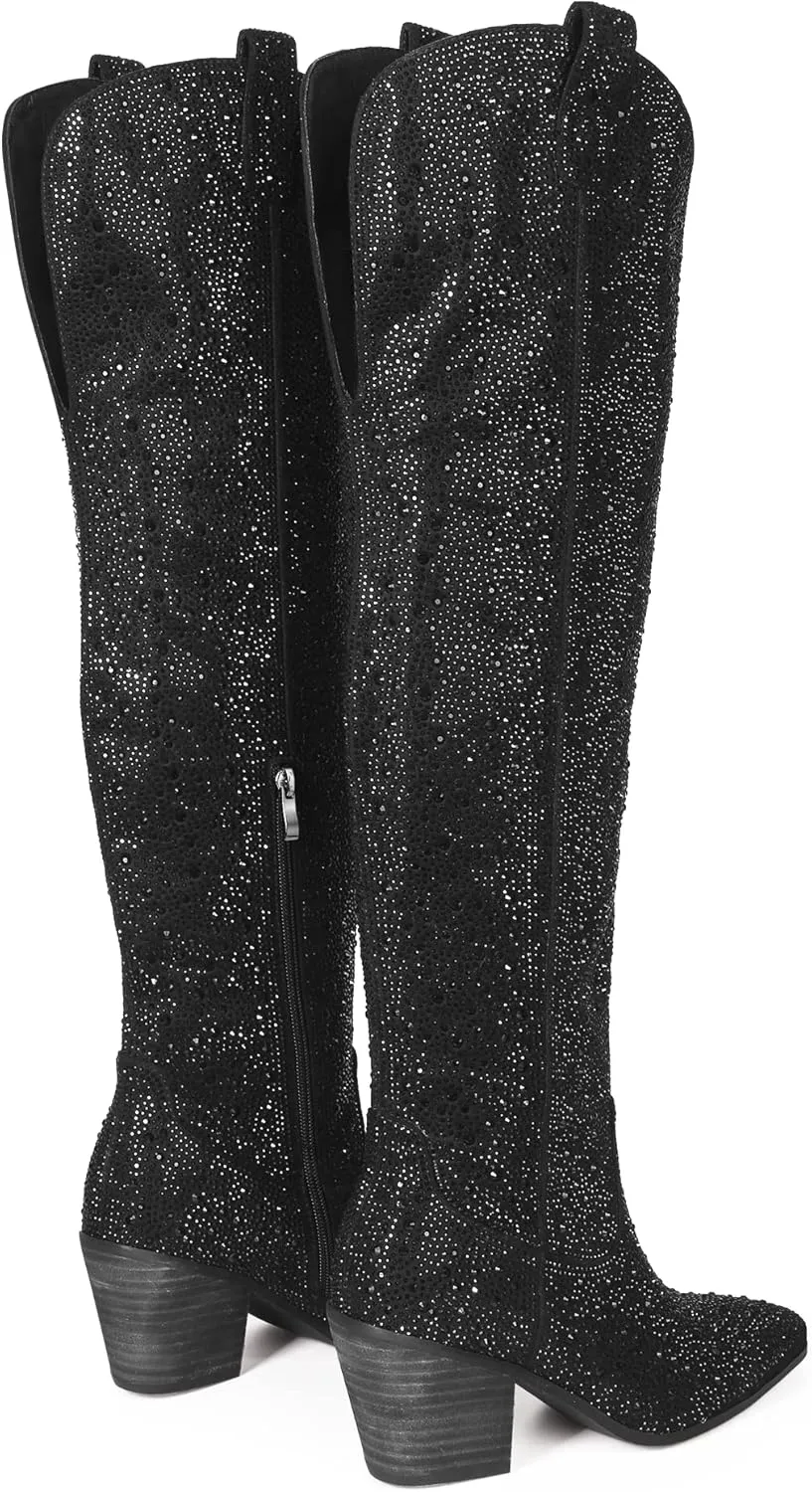 Ouepiano Women's Cowgirl Ankle Boots Western Rhinestones Pointed Toe Low Chunky Heel Pull On Short Cowboy Boots for Women,Girl,Party