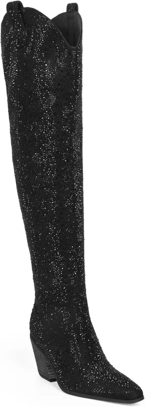 Ouepiano Women's Cowgirl Ankle Boots Western Rhinestones Pointed Toe Low Chunky Heel Pull On Short Cowboy Boots for Women,Girl,Party