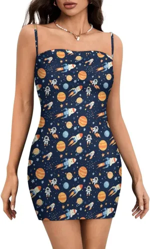 Outer-Space Astronaut Rocket Women Summer Dress Sleeveless Beach Sundress Swing Casual Party Dresses