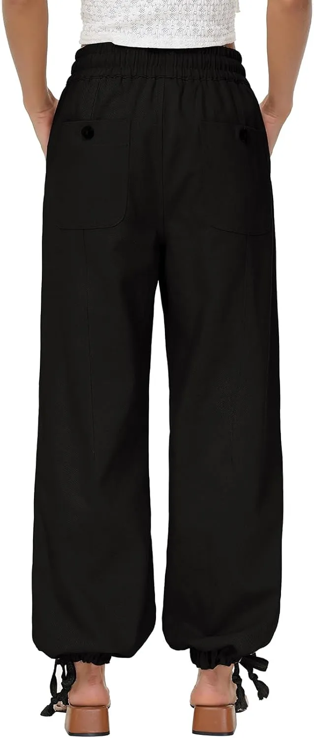 Oymyakon Women's Baggy Cargo Pants with Pockets Y2K Elastic Waist Trousers Cotton Casual Hiking Pants