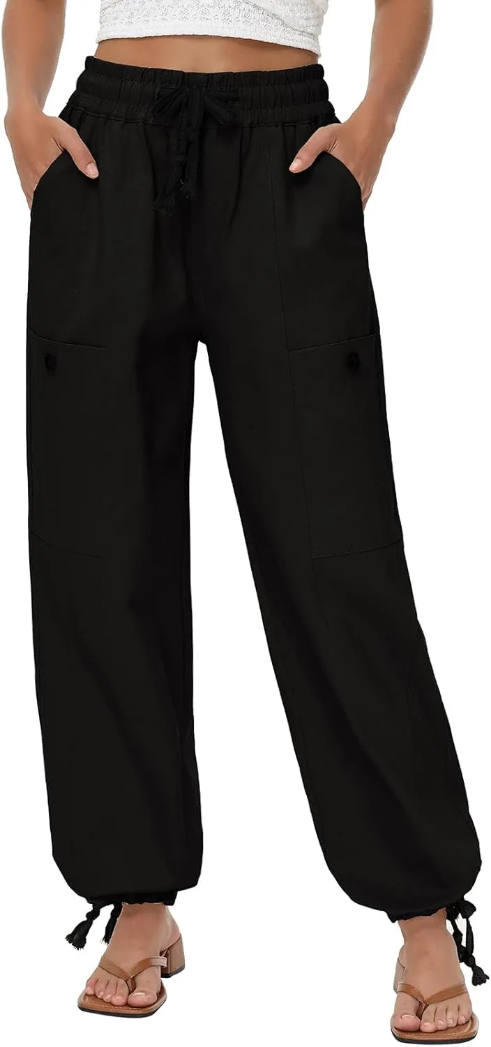Oymyakon Women's Baggy Cargo Pants with Pockets Y2K Elastic Waist Trousers Cotton Casual Hiking Pants