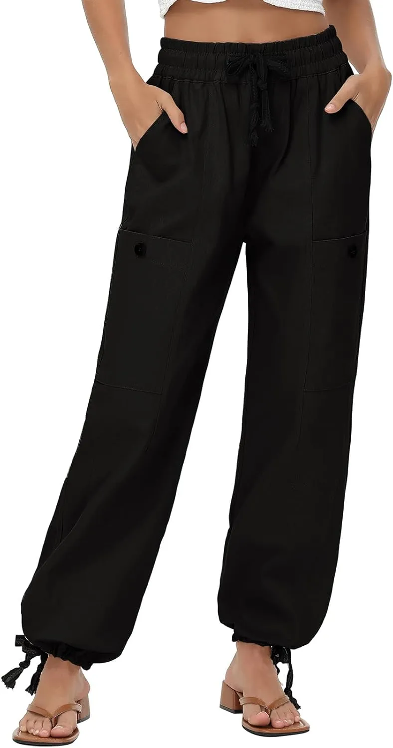 Oymyakon Women's Baggy Cargo Pants with Pockets Y2K Elastic Waist Trousers Cotton Casual Hiking Pants