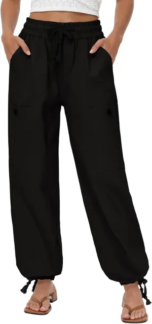 Oymyakon Women's Baggy Cargo Pants with Pockets Y2K Elastic Waist Trousers Cotton Casual Hiking Pants