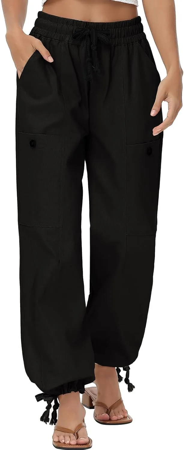 Oymyakon Women's Baggy Cargo Pants with Pockets Y2K Elastic Waist Trousers Cotton Casual Hiking Pants