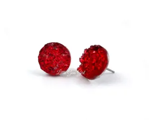 Oz Ruby Slipper Red Crystal Faux Druzy Earrings - 8mm, 10mm or 12mm Titanium or Surgical Stainless Steel Posts Nickel Free - Scarlet Red Glitter Studs