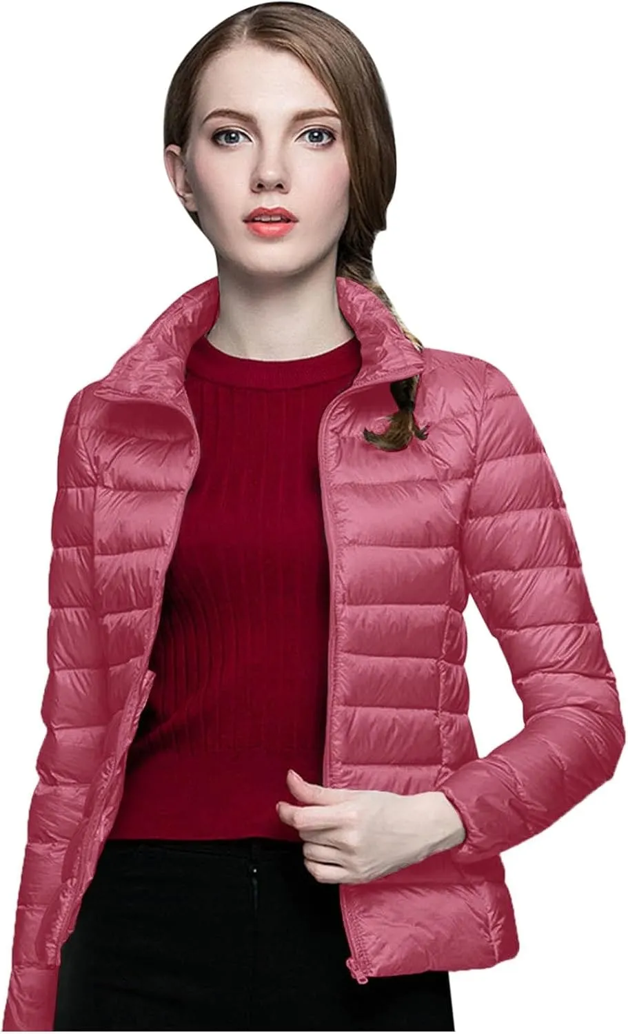 Packable Down Jacket Women Lightweight Full Zip Puffer Jackets Casual Warm Stand Collar Quilted Winter Coat with Hood