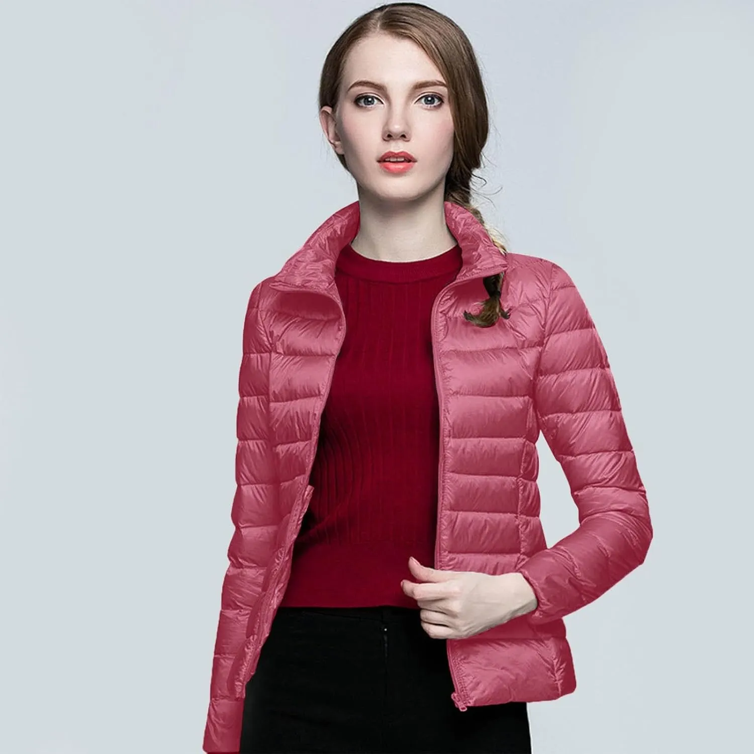 Packable Down Jacket Women Lightweight Full Zip Puffer Jackets Casual Warm Stand Collar Quilted Winter Coat with Hood