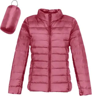 Packable Down Jacket Women Lightweight Full Zip Puffer Jackets Casual Warm Stand Collar Quilted Winter Coat with Hood