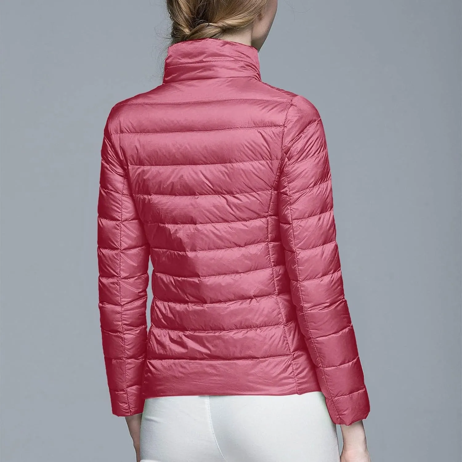 Packable Down Jacket Women Lightweight Full Zip Puffer Jackets Casual Warm Stand Collar Quilted Winter Coat with Hood