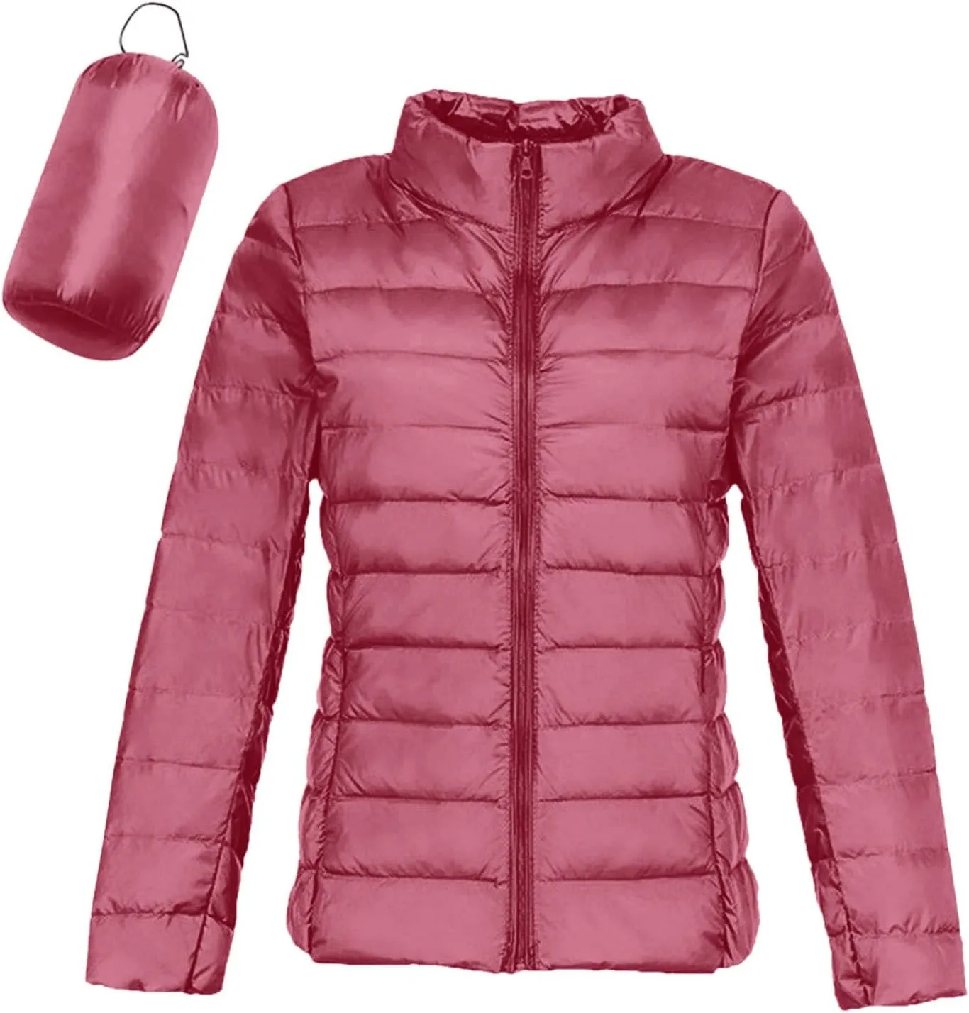 Packable Down Jacket Women Lightweight Full Zip Puffer Jackets Casual Warm Stand Collar Quilted Winter Coat with Hood