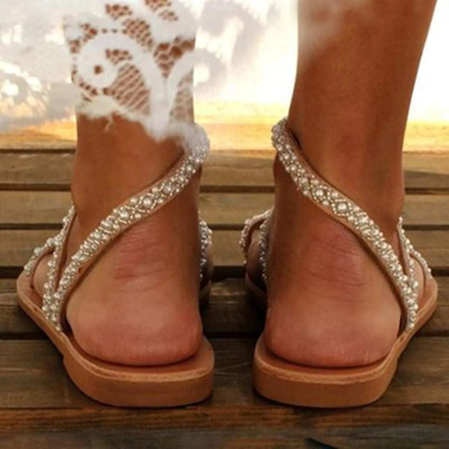 Pearl and Rhinestone Boho Sandals for Women Summer Dressy Wedding Shoes Rhinestone Sandals Strappy Bohemian Flat Shoes Cute Bride Bridesmaid Sandal for Women Beach Vacation Flip Flops