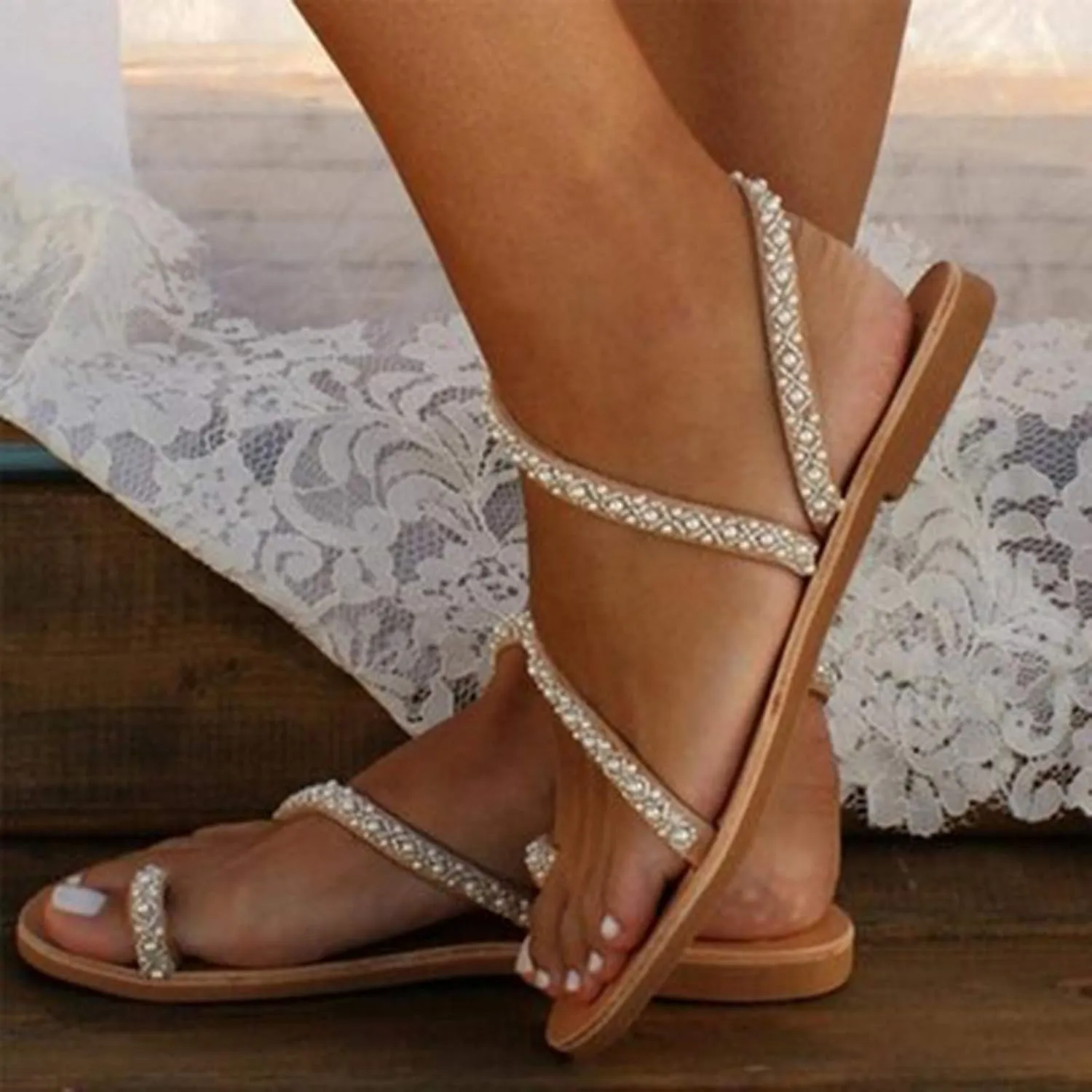 Pearl and Rhinestone Boho Sandals for Women Summer Dressy Wedding Shoes Rhinestone Sandals Strappy Bohemian Flat Shoes Cute Bride Bridesmaid Sandal for Women Beach Vacation Flip Flops