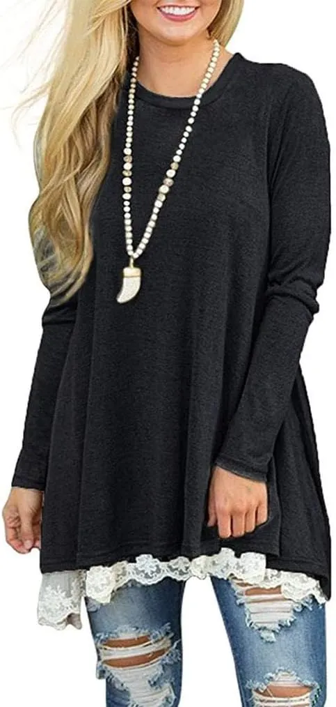 Poetsky Women's Long Sleeve Solid Color Tunic Tops Layered Chiffon Hem Casual Loose Blouse Shirts