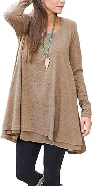 Poetsky Women's Long Sleeve Solid Color Tunic Tops Layered Chiffon Hem Casual Loose Blouse Shirts