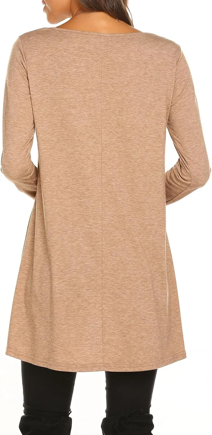 Poetsky Women's Long Sleeve Solid Color Tunic Tops Layered Chiffon Hem Casual Loose Blouse Shirts