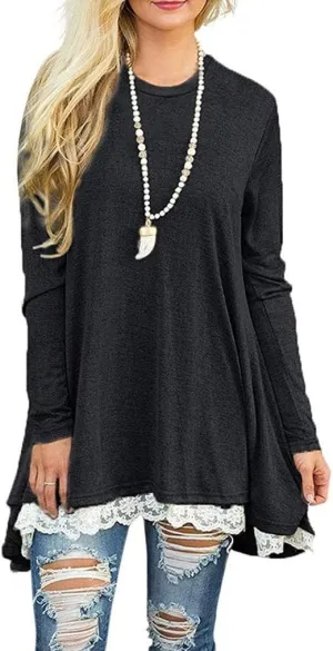 Poetsky Women's Long Sleeve Solid Color Tunic Tops Layered Chiffon Hem Casual Loose Blouse Shirts