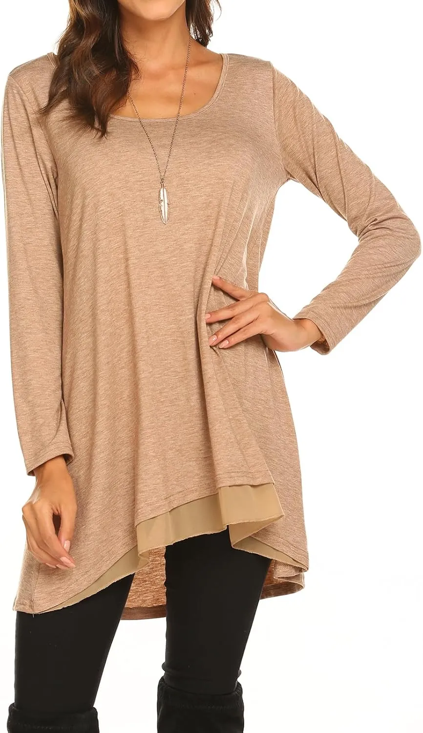 Poetsky Women's Long Sleeve Solid Color Tunic Tops Layered Chiffon Hem Casual Loose Blouse Shirts