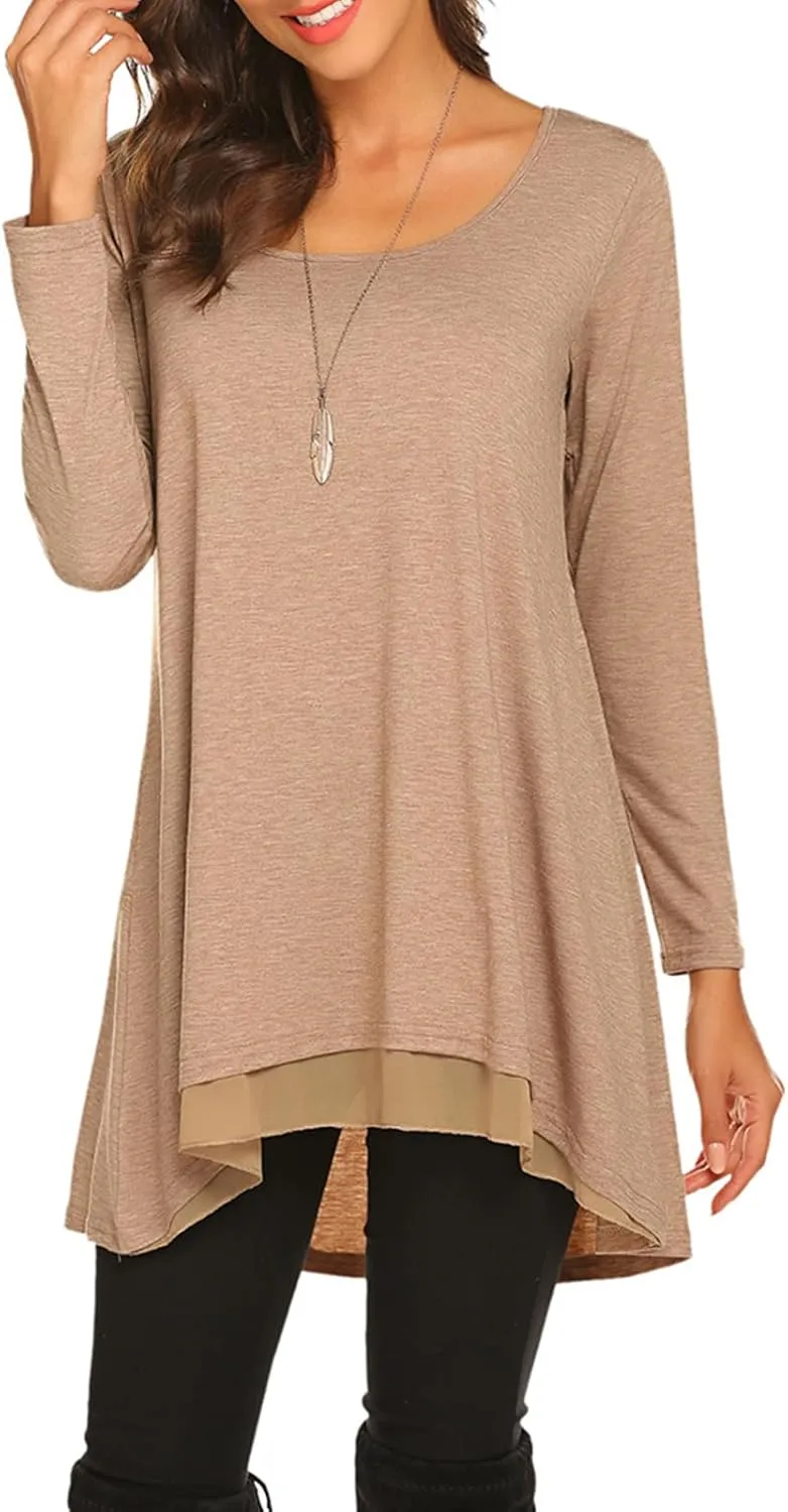 Poetsky Women's Long Sleeve Solid Color Tunic Tops Layered Chiffon Hem Casual Loose Blouse Shirts
