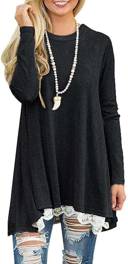 Poetsky Women's Long Sleeve Solid Color Tunic Tops Layered Chiffon Hem Casual Loose Blouse Shirts