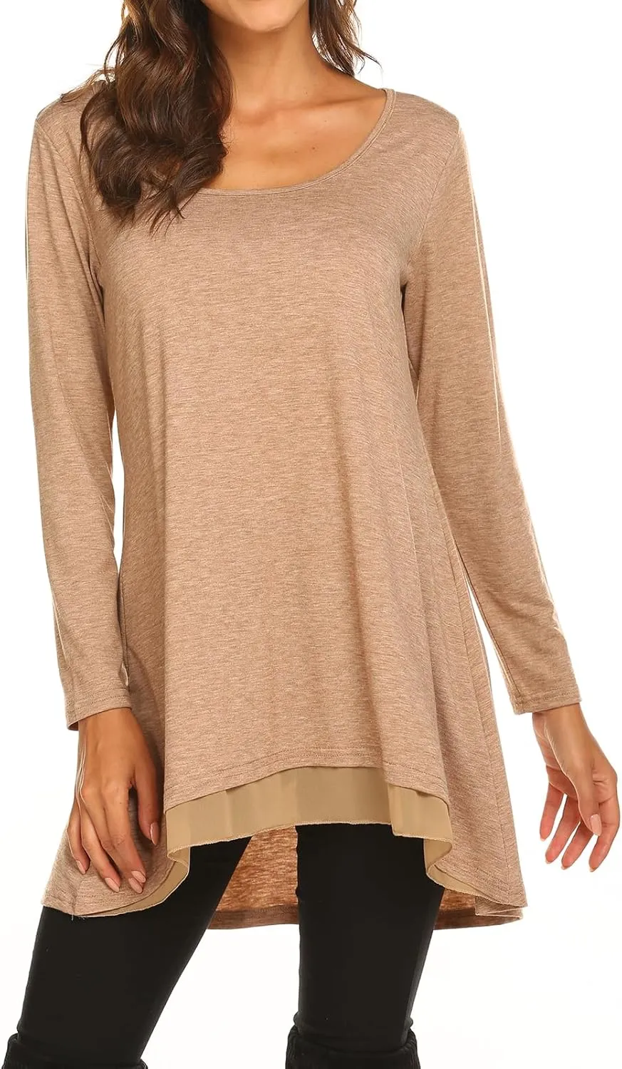 Poetsky Women's Long Sleeve Solid Color Tunic Tops Layered Chiffon Hem Casual Loose Blouse Shirts