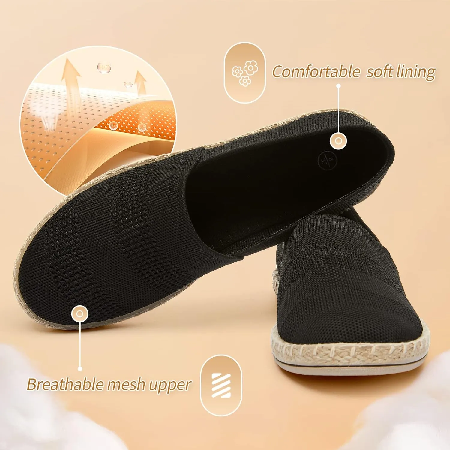 POVOGER Women's Black Flats Mesh Slip On Shoes Breathable Loafers Espadrilles Flats Soft Womens Casual Shoes