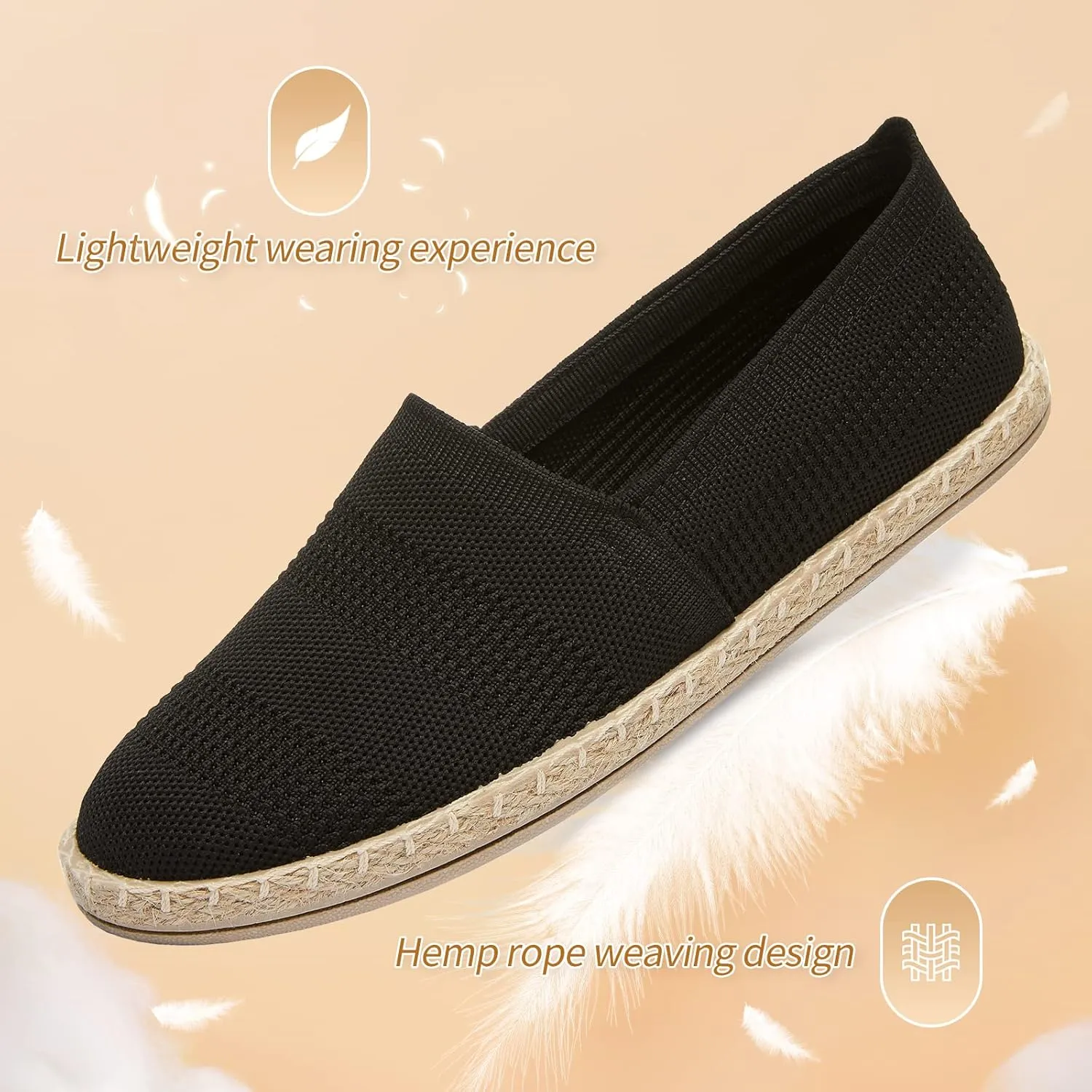POVOGER Women's Black Flats Mesh Slip On Shoes Breathable Loafers Espadrilles Flats Soft Womens Casual Shoes