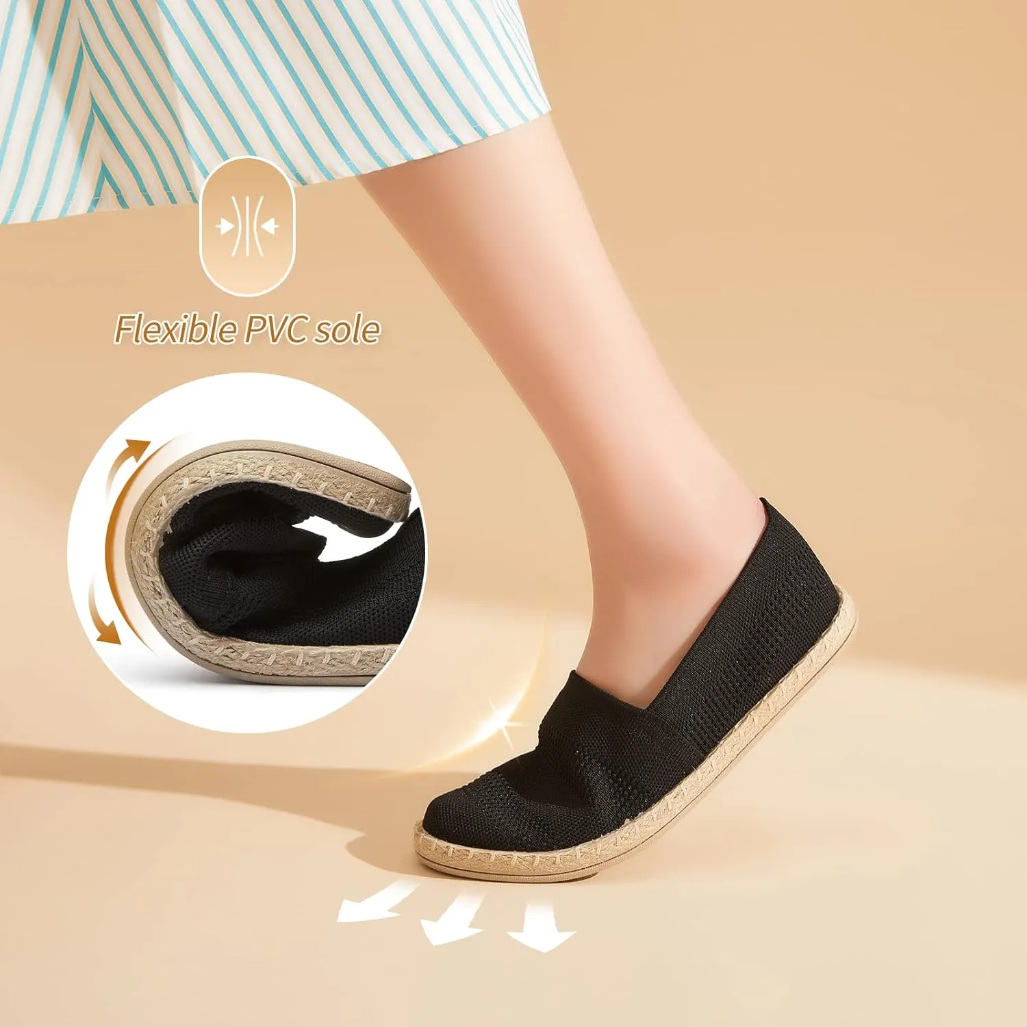 POVOGER Women's Black Flats Mesh Slip On Shoes Breathable Loafers Espadrilles Flats Soft Womens Casual Shoes
