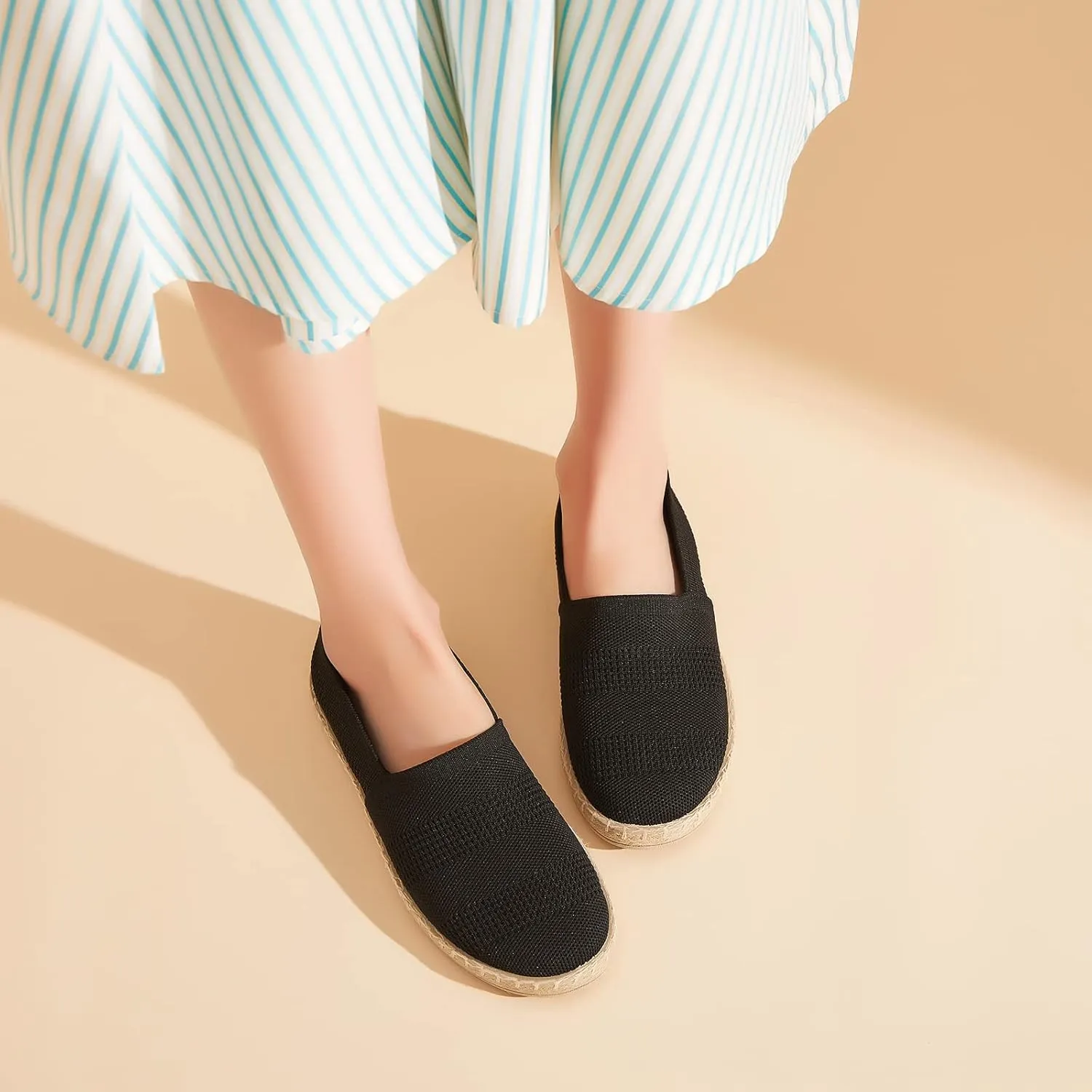 POVOGER Women's Black Flats Mesh Slip On Shoes Breathable Loafers Espadrilles Flats Soft Womens Casual Shoes