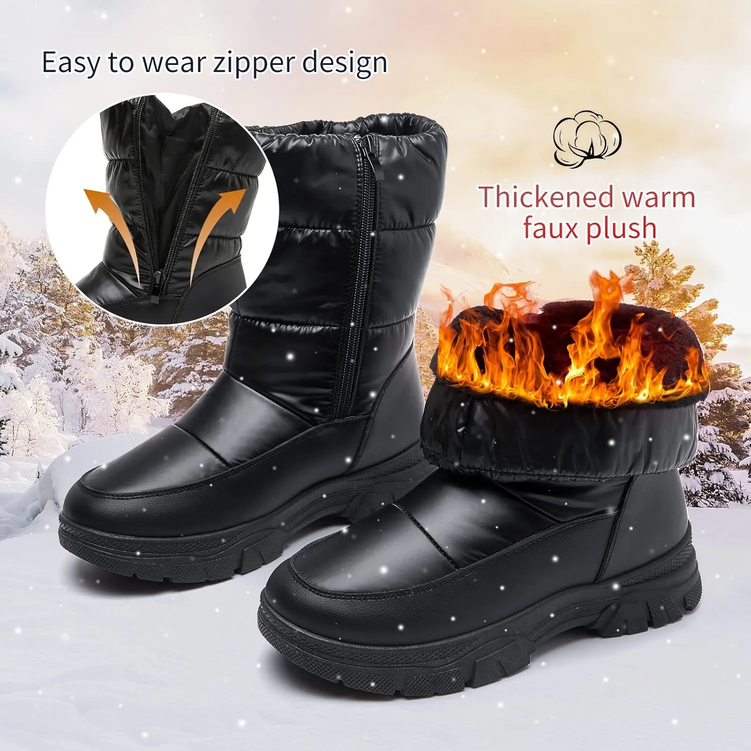 POVOGER Womens Winter Boots Snow Boots For Women Black Mid Calf Platform Boots Warm Fur Fashion Slip On Boots