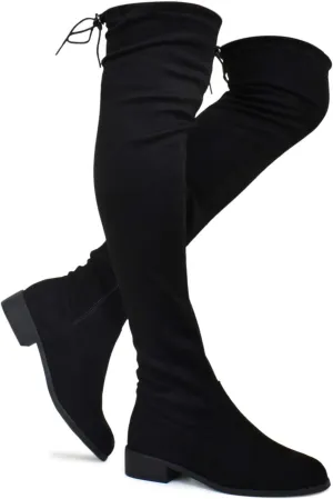 Premier Standard - Women's Fashion Comfy Vegan Suede Block Heel Side Zipper Back Lace Thigh High Over the Knee Boots, TPS Olympia-14 Black Size 9