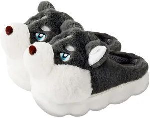 Premium Comfort Thermal Cute Siberian Husky Dog Non Slip Men's Fuzzy House Slippers Inddor Soft Warm Furry Shoes