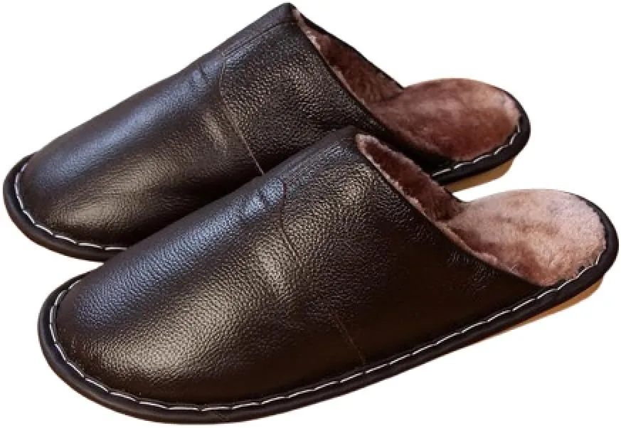Premium Comfort Thermal Full Leather Non Slip Men's Fuzzy House Slippers Inddor Soft Warm Shoes Furry Sole