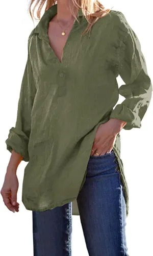 Pretifeel Womens Cotton Linen Tunic Shirts Button Down Long Sleeve Blouse Tops Beach Cover Up