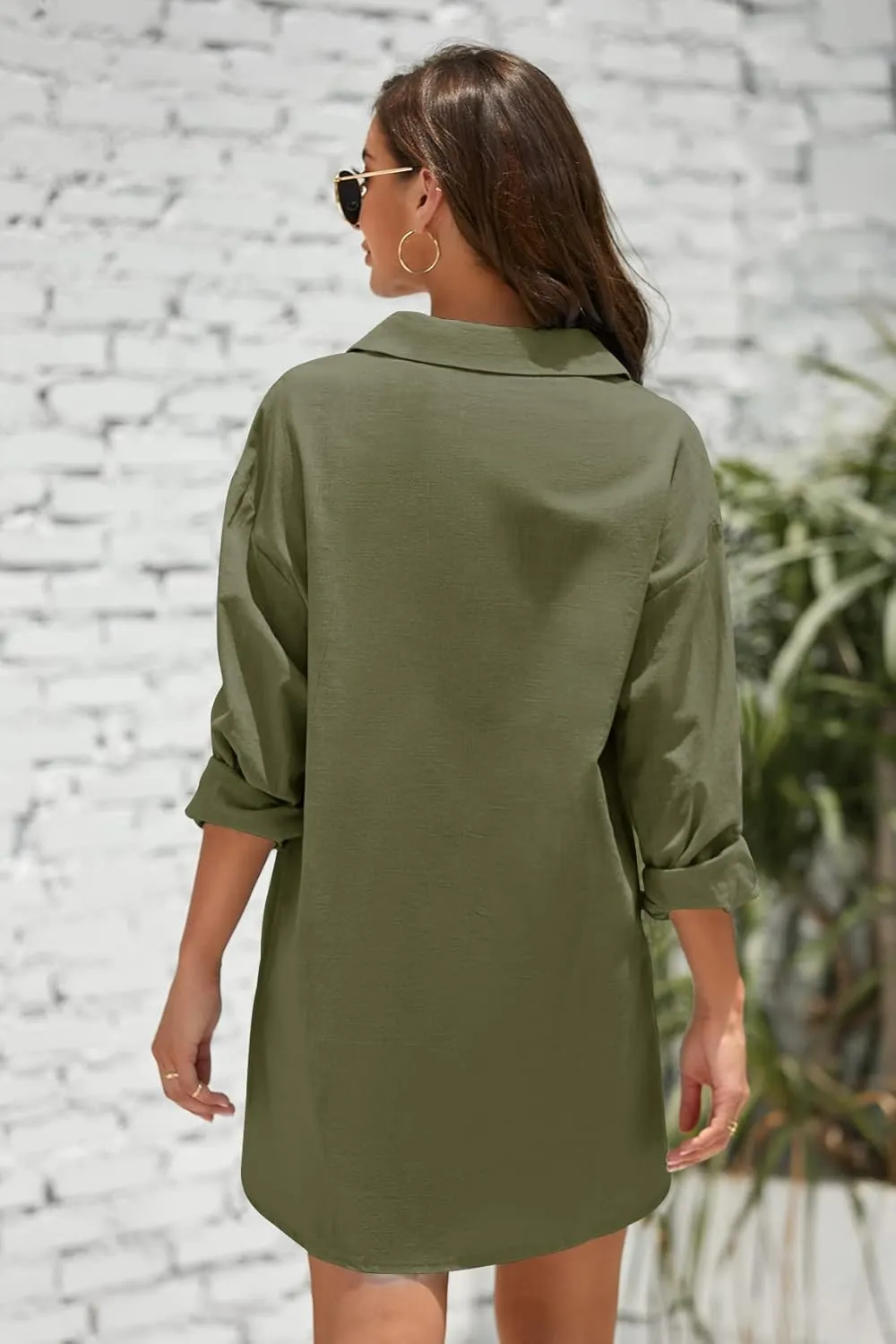 Pretifeel Womens Cotton Linen Tunic Shirts Button Down Long Sleeve Blouse Tops Beach Cover Up