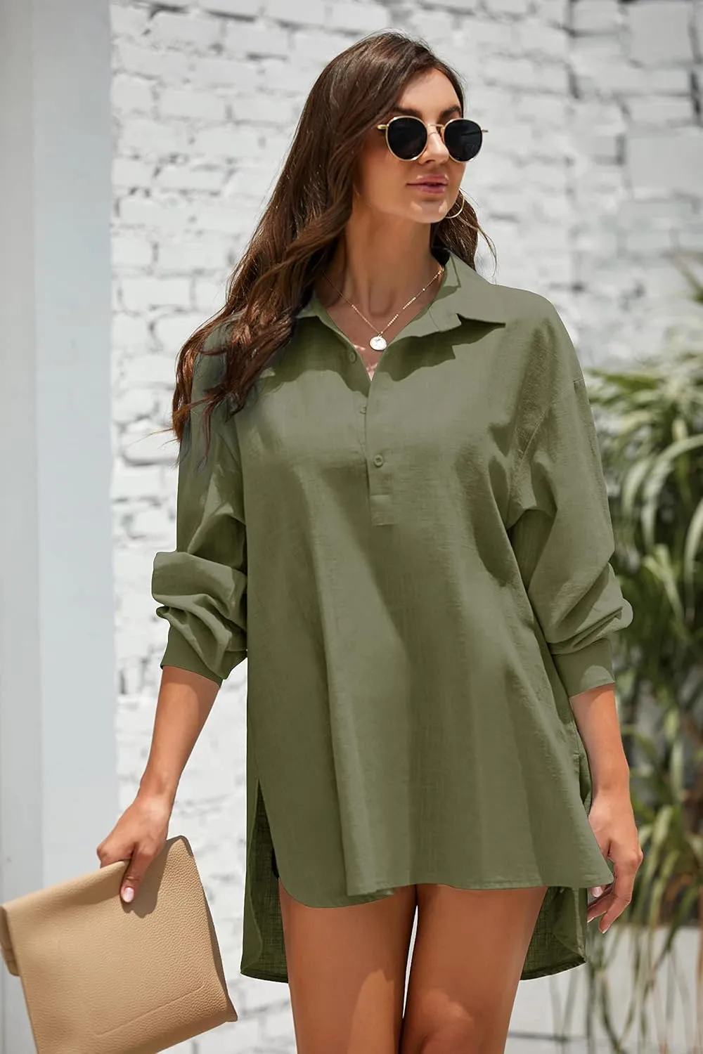 Pretifeel Womens Cotton Linen Tunic Shirts Button Down Long Sleeve Blouse Tops Beach Cover Up