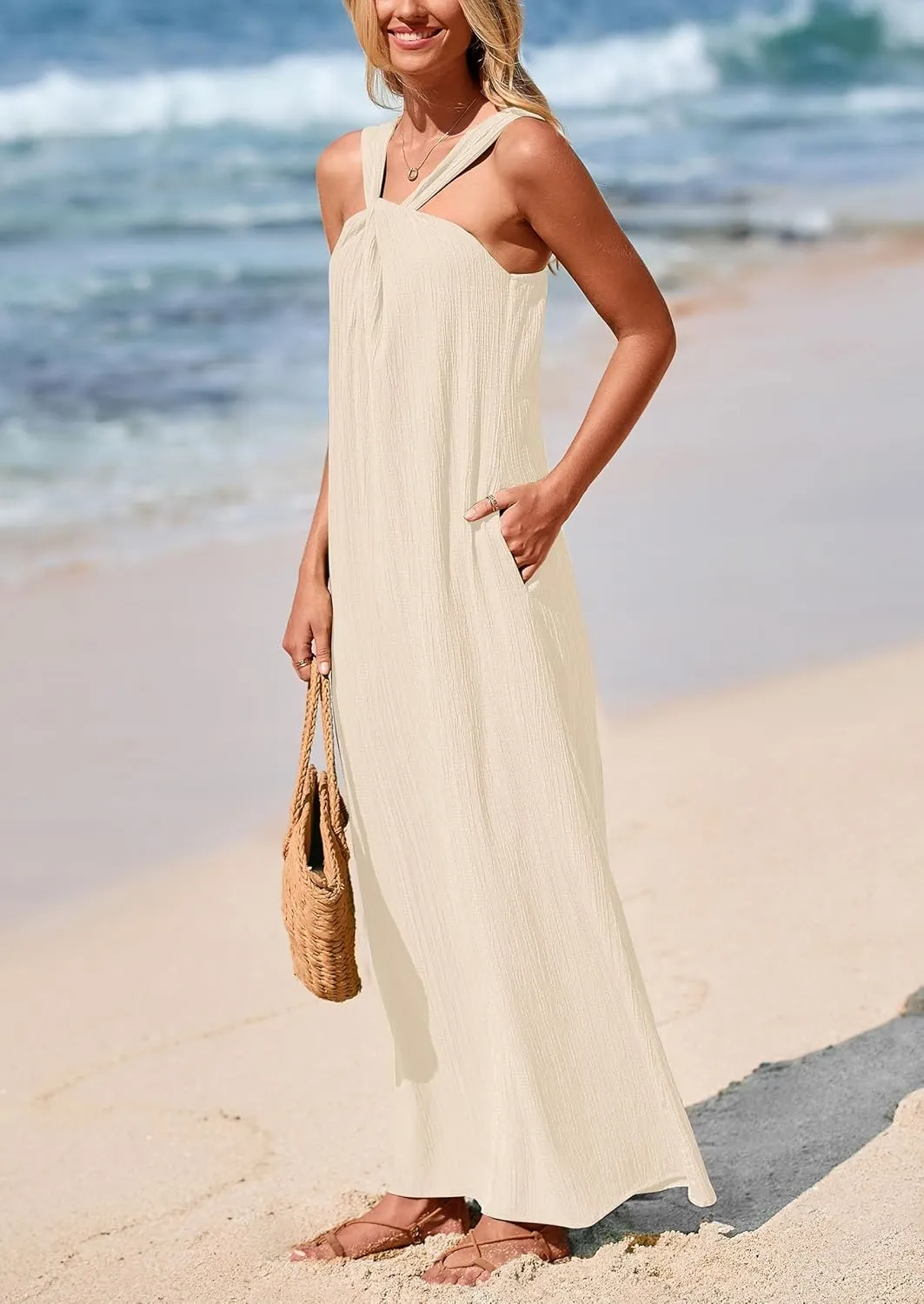 PRETTYGARDEN Womens 2025 Casual Long Summer Dresses Sleeveless Strappy Loose Flowy Beach Vacation Maxi Dress with Pockets