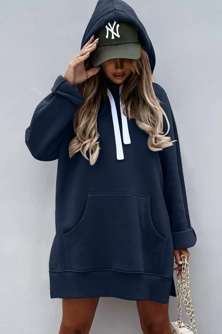 PRETTYGARDEN Women's Casual Pullover Sweatshirt Long Sleeve Split Hem Hoodie Dress with Kangaroo Pocket