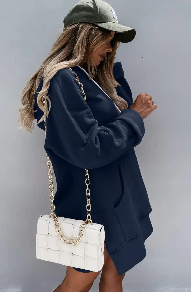 PRETTYGARDEN Women's Casual Pullover Sweatshirt Long Sleeve Split Hem Hoodie Dress with Kangaroo Pocket