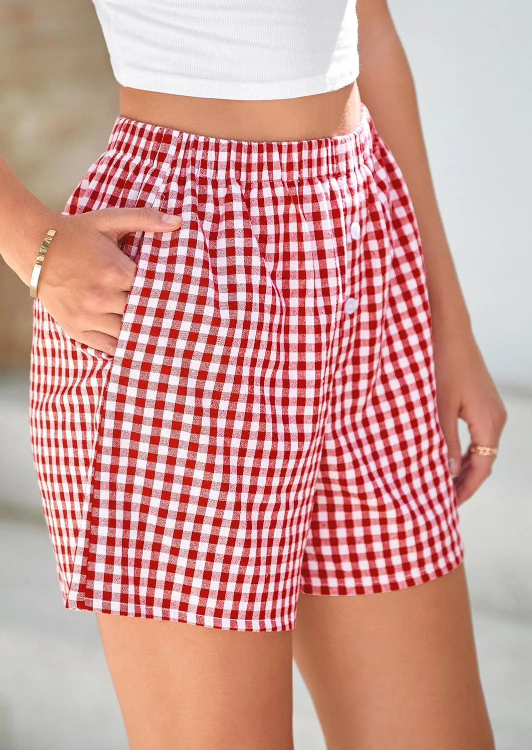 PRETTYGARDEN Womens Shorts Boxers 2025 Summer Gingham Pajama Lounge Sleep Y2K Plaid Pj Shorts Beach Bottoms