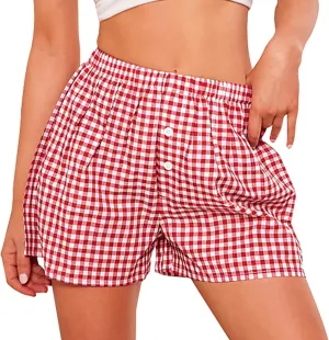 PRETTYGARDEN Womens Shorts Boxers 2025 Summer Gingham Pajama Lounge Sleep Y2K Plaid Pj Shorts Beach Bottoms