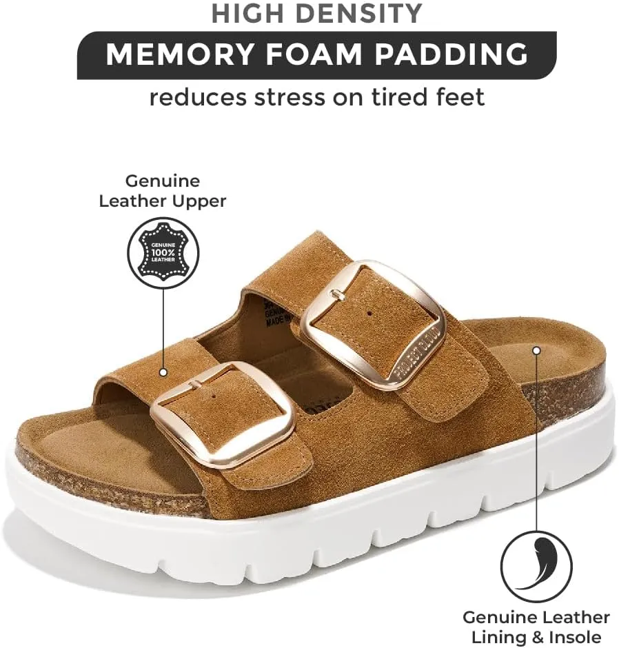 Project Cloud Genuine Leather Platform Sandals Women Footwear - Wedge Chunky Sandals Womens sandals with Memory Foam Insole and Cork Footbed (GREECECHUNKY)