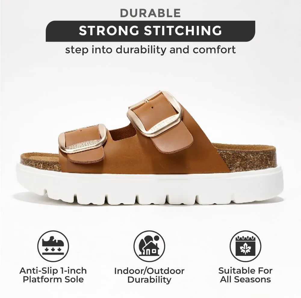 Project Cloud Genuine Leather Platform Sandals Women Footwear - Wedge Chunky Sandals Womens sandals with Memory Foam Insole and Cork Footbed (GREECECHUNKY)