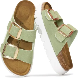 Project Cloud Genuine Leather Platform Sandals Women Footwear - Wedge Chunky Sandals Womens sandals with Memory Foam Insole and Cork Footbed (GREECECHUNKY)