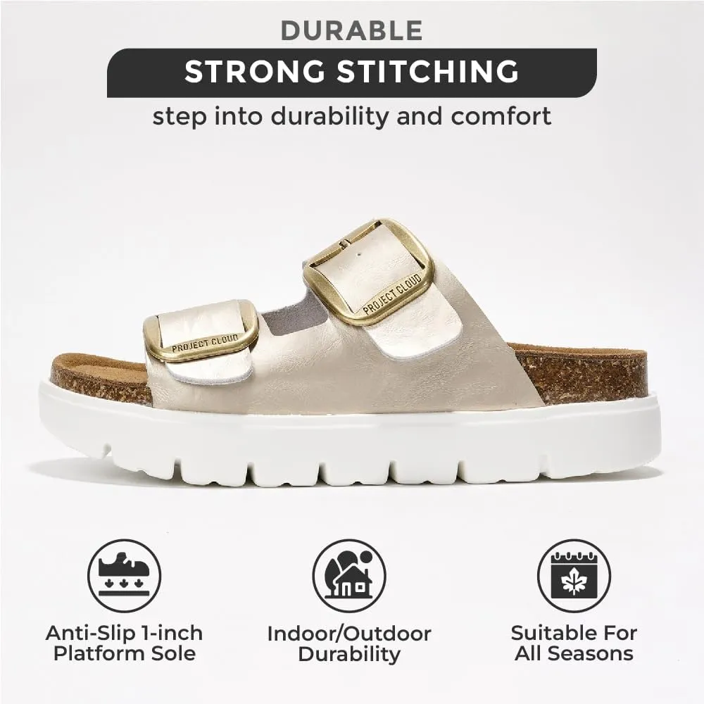 Project Cloud Genuine Leather Platform Sandals Women Footwear - Wedge Chunky Sandals Womens sandals with Memory Foam Insole and Cork Footbed (GREECECHUNKY)