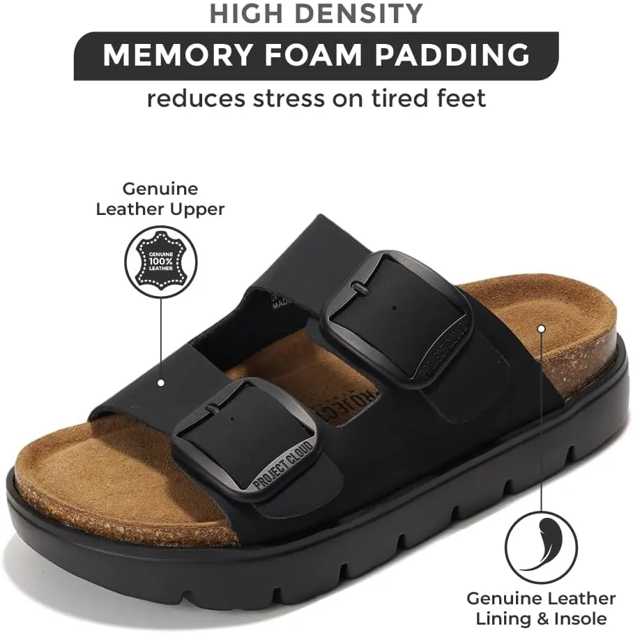 Project Cloud Genuine Leather Platform Sandals Women Footwear - Wedge Chunky Sandals Womens sandals with Memory Foam Insole and Cork Footbed (GREECECHUNKY)