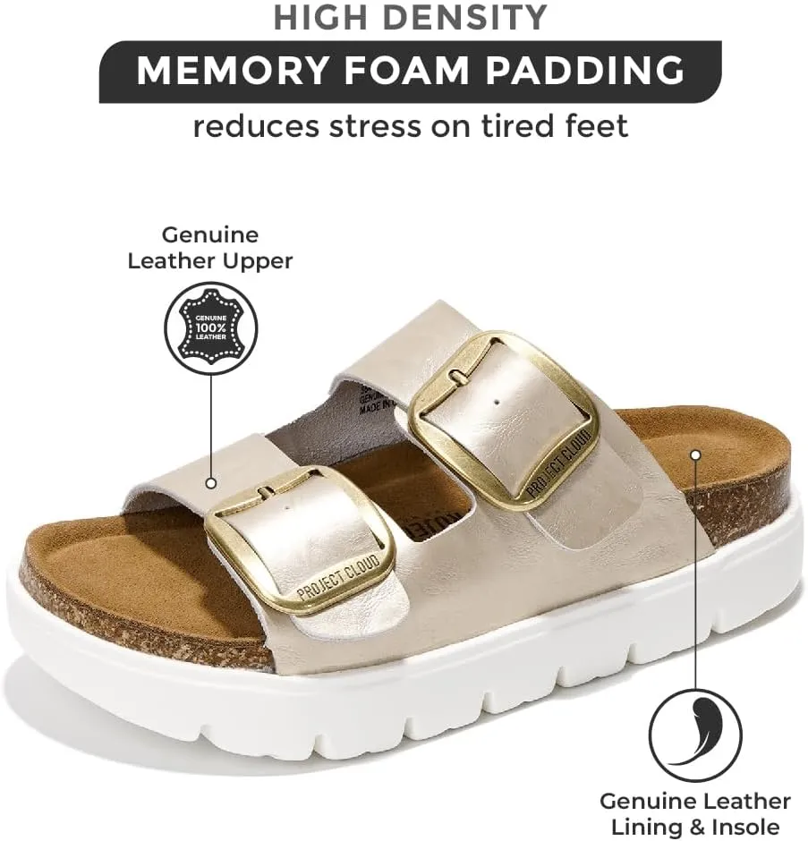Project Cloud Genuine Leather Platform Sandals Women Footwear - Wedge Chunky Sandals Womens sandals with Memory Foam Insole and Cork Footbed (GREECECHUNKY)