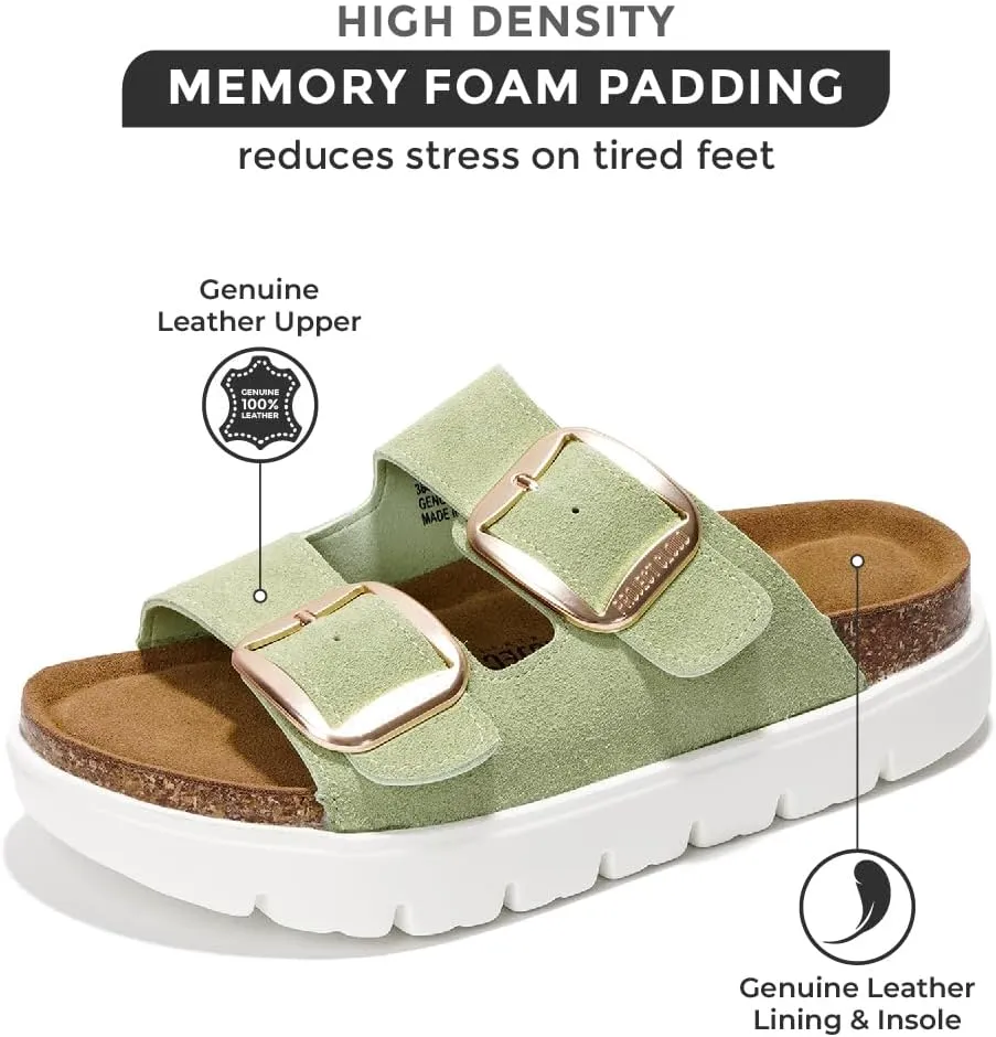 Project Cloud Genuine Leather Platform Sandals Women Footwear - Wedge Chunky Sandals Womens sandals with Memory Foam Insole and Cork Footbed (GREECECHUNKY)